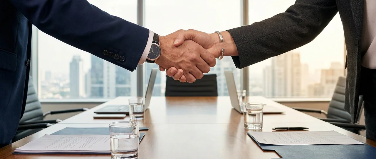 Two business professionals shaking hands over a boardroom table