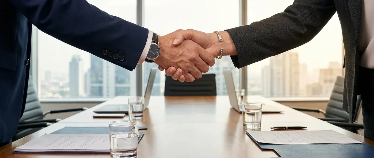 Two business professionals shaking hands over a boardroom table