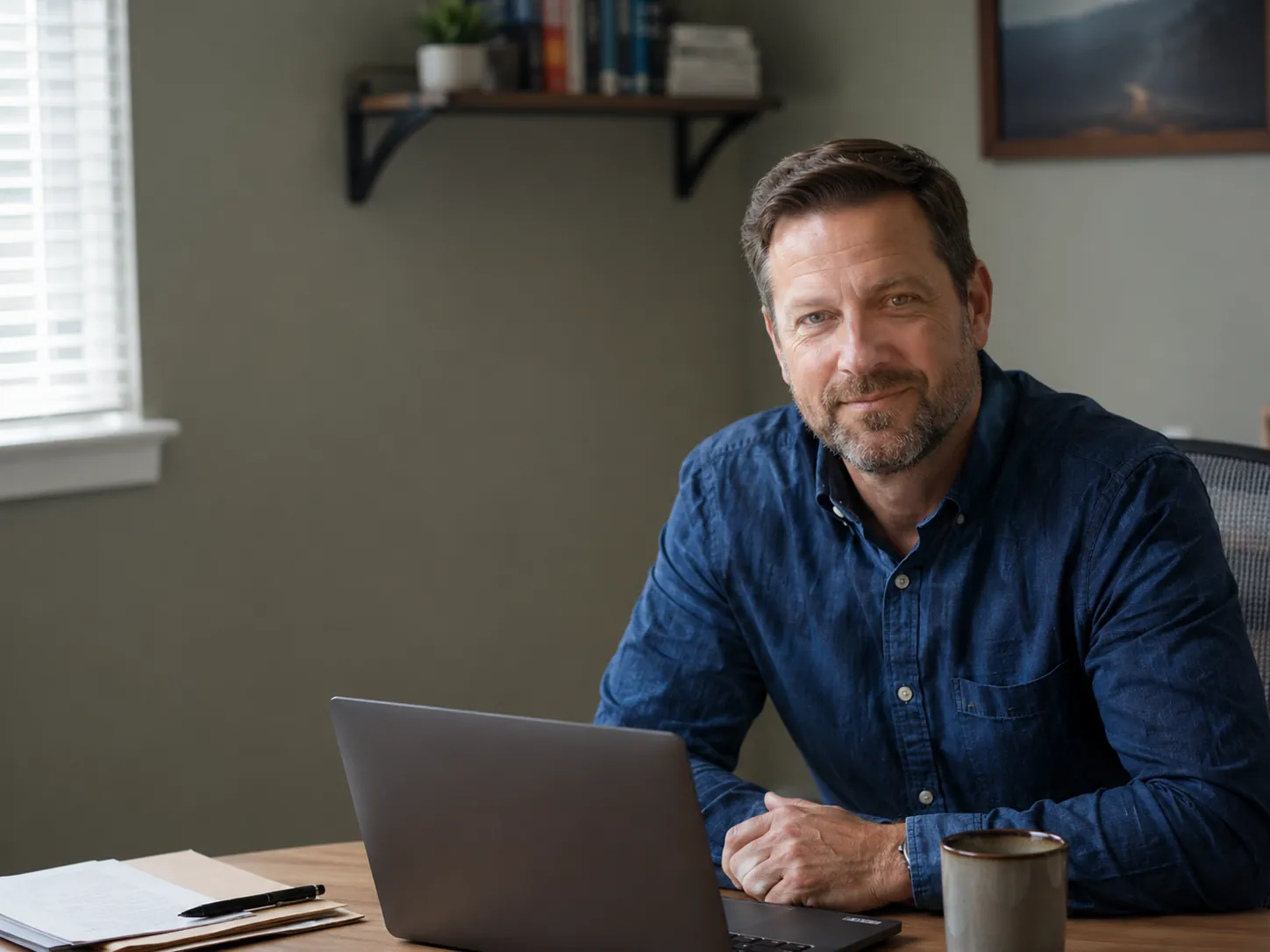Small consulting firm owner working in a modest office