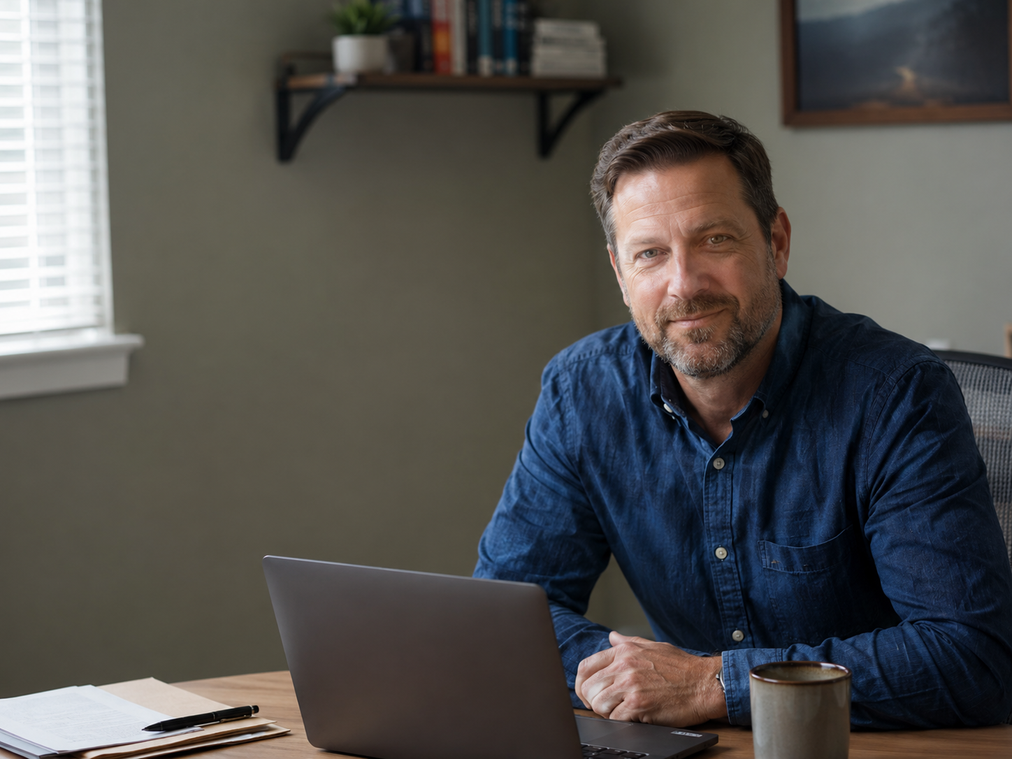 Small consulting firm owner working in a modest office